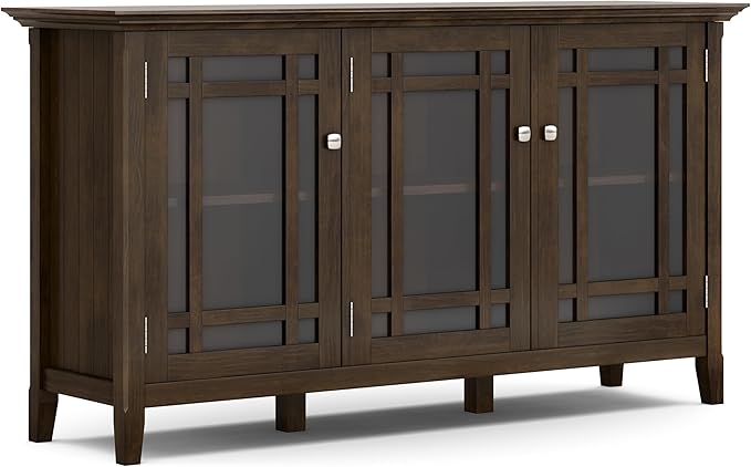 SIMPLIHOME Bedford Storage Cabinet - 62 inch Wide Solid Wood Sideboard Cabinet in Dark Tobacco Brown, Transitional Buffet for Living Room, Dining Room, or Entryway with Glass Doors and Shelves