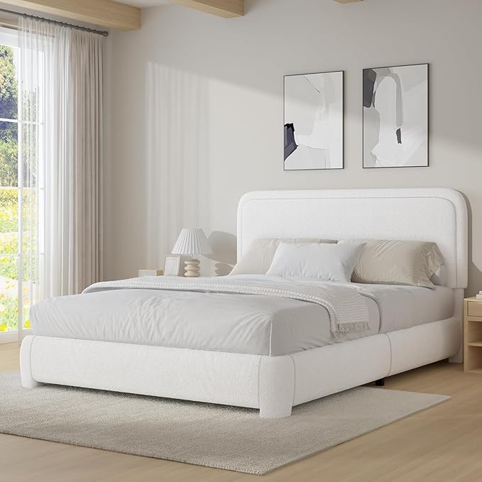 BarnFurin Queen Bed Frame with Headboard, Boucle Upholstered Platform Bed Frame, Luxurious Soft Rounded Corners, No Box Spring Required, Easy Assembly, White