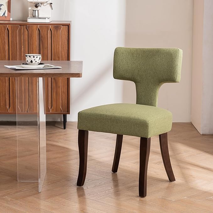 Mid Century Modern Dining Chairs Set of 2, Upholstered Side Dining Chairs with Curved Back Linen Fabric Armless Wood Chairs Kitchen & Dining Room Farmhouse Chairs (Green)