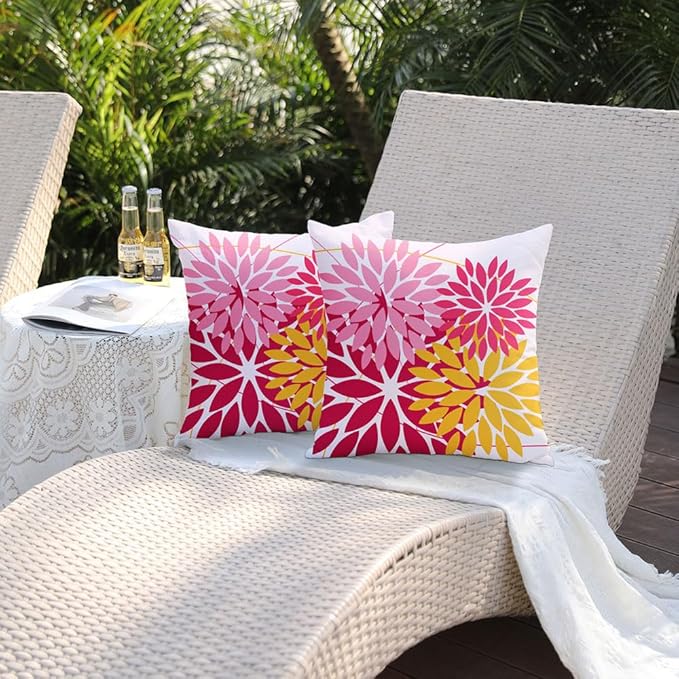 DFXSZ Outdoor Pillow Covers - 18x18 Inch Set of 2 Pink Yellow Flower Decorative Waterproof Summer Pillow Covers for Patio Furniture, Garden Couch