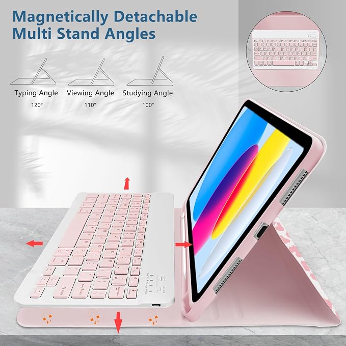 for Bluetooth Keyboard for iPad 10th Gen 10.9 inch (2022) case (A16) 11th / 10th Gen Case 11'' (2025) with 7-Color Backlights Pencil Holder Detachable Rechargeable - Black Cow