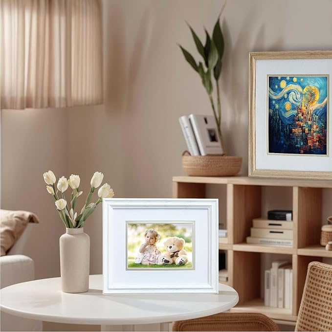 8x10 Picture Frame for Wall or Tabletop Oak Wood, 5x7 Picture Frame with Mat,8 x 10 Premium Photo Frame with Real HD Tempered Glass,Ideal for Home Decor, Art Gallery,White, 1 Pack