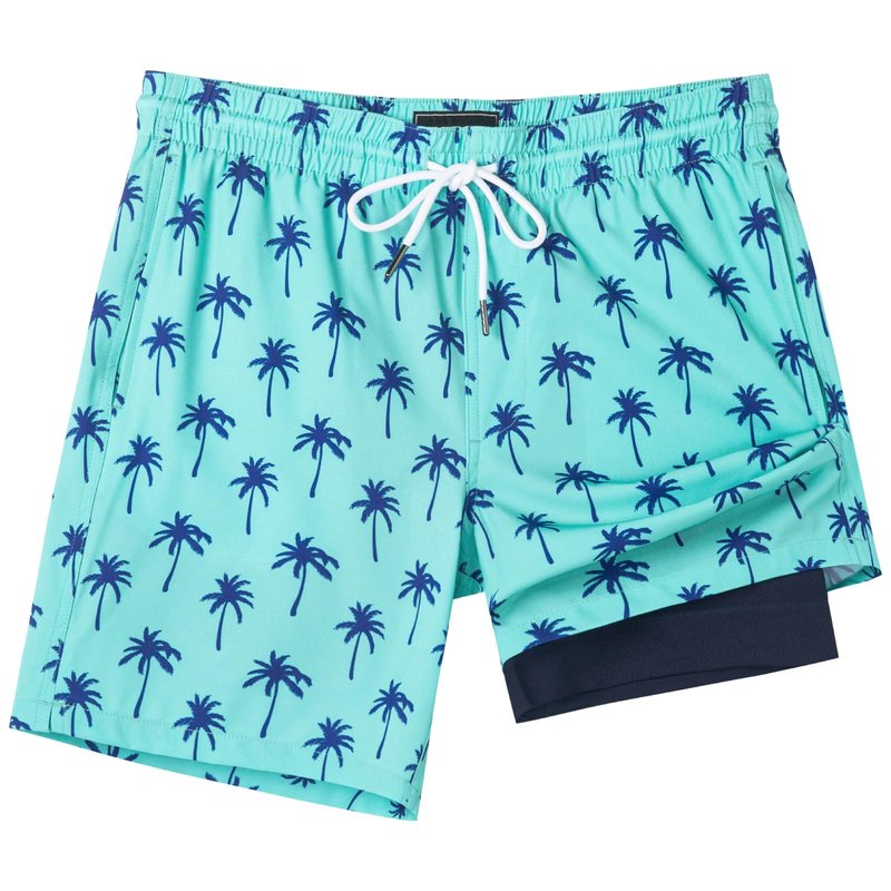 SURF CUZ Mens Swim Trunks with Compression Liner Quick Dry Swim Shorts 7" Swimming Trunks Stretch Zipper Pockets,Green Palm,XXL