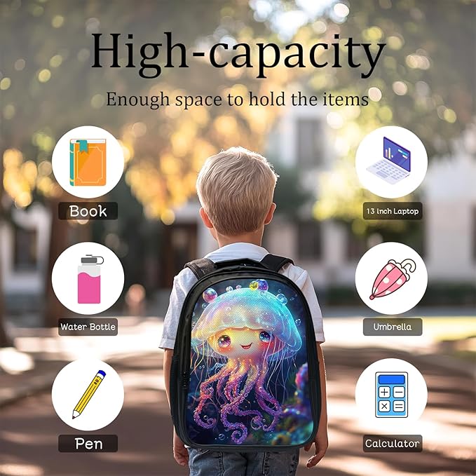 Cute Jellyfish Backpack Set 3 Piece School Bags and Lunch Box with Pencil Case Blue Ocean Jellyfish Bookbag Set for Toddler Kids Girls Boys Teens Kindergarten Elementary Middle