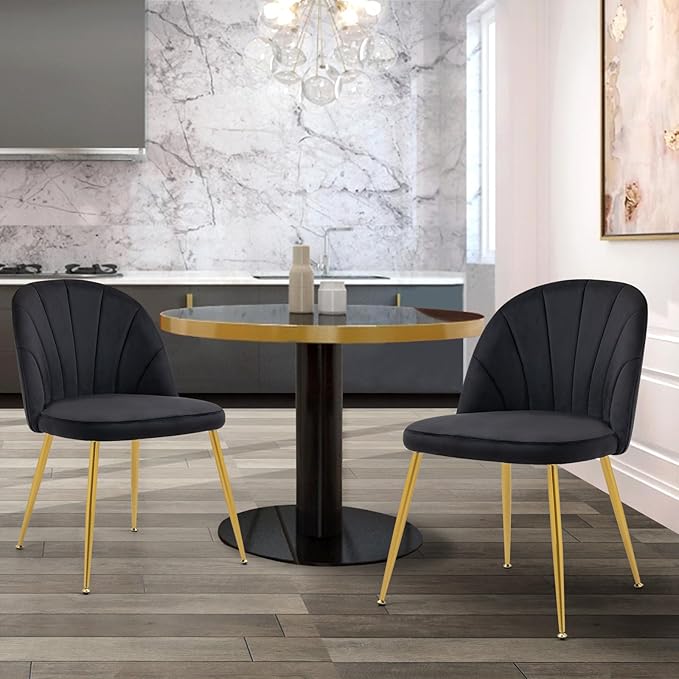 Velvet Dining Chairs Set of 4, Upholstered Mid Century Modern Dining Room Chairs, Armless Accent Chairs with Metal Gold Legs for Living Room, Kitchen, Black
