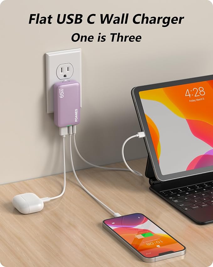 3-Port Flat USB C Wall Charger 30W Max Type-C Fast Charging Block | Dual USB-C 1 USB-A PD 25W Fast Charging Slim Body Foldable Plug for IPad Pro Tablets iPhone 17/16/15 Series Galaxy