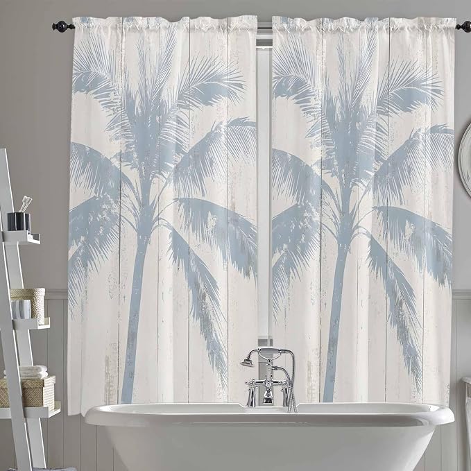 Summer Coconut Tree on Vintage Wood Grain Window Valance Curtains, Seaside