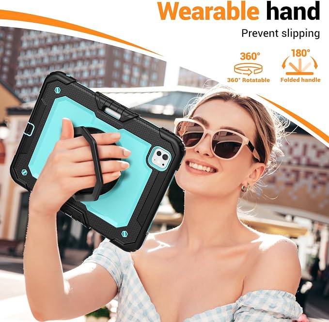 for iPad Pro 11 inch Protective Case M5 2025/M4 2024: Heavy Duty Shockproof Case with Pencil Holder - 360°Rotating Handle/Stand - Screen Protector - Shoulder Strap Black/Sky Blue