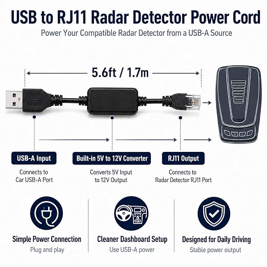 USB to RJ11 Radar Detector Power Cord 12.1ft USB Power Cable for Escort | Compatible with Escort MAX 360c MAX 360 iX iXc 9500ix MAX 3 MAX 4 MAX 360c MKII Redline 360c and Select RJ11 Models