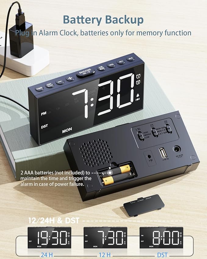 Loud Alarm Clock with Bed Shaker for Heavy Sleeper,3-level Vibrating,Large Digits,Weekday/Weekend Mode,Dual Alarms for Hard of Hearing/Deaf, 5 Volume,Dimmer,USB Charger,Snooze,Battery Backup