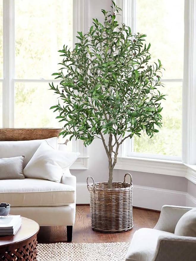 Hollyone Faux Olive Tree 7Feet Tall Fake Olive Tree 7FT with Pot Indoor Lifelike Wood Trunk and Fruits Large Potted Artificial Tree Plant with Tall Ceramics Pot Planter Housewarming Home Decor Gift