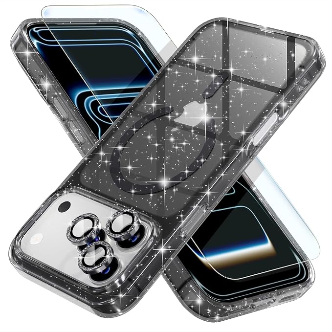 Choiche for iPhone 15 Pro Max Case Compatible with MagSafe Glitter Black | Women Girly Cute Glitter Sparkly Magnetic Phone Case with Diamond Camera Lens Protectors Military-Grade Drop Protection 6.7