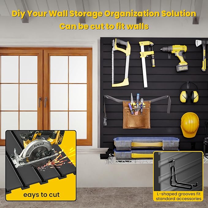 Slat Wall Paneling 4x8 FT, PVC Slat Wall Panels Heavy-Duty Garage Organization System with Hooks & Accessories, Slatwall Pegboard Suitable for Home、Garage、Shop Display & Organization (Black)