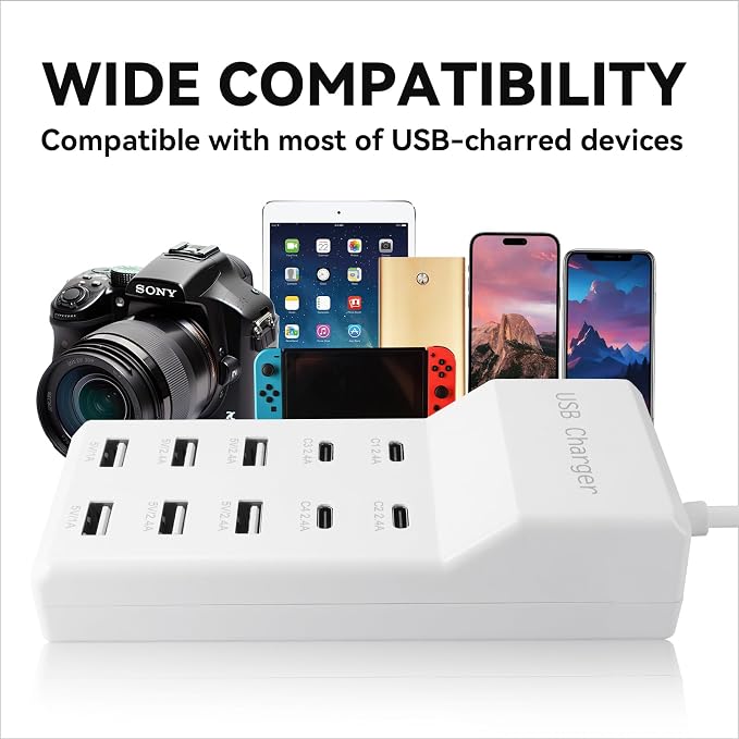 USB Charging Station with 6 USB-A and 4 USB-C Ports 50W 10A USB Charger Block for Smart Phone Tablet Laptop Multiple Devices - USB Power Strip with Auto-Detect Technology