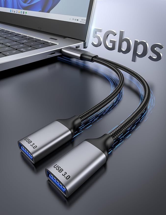 USB 3.0 Splitter 1 in 2 Out USB Splitter Y Cable USB Male to 2 Female Cable for PC Tablet Laptop MacBook Keyboard PS4 PS5 Mouse FlashDrive LED Etc.