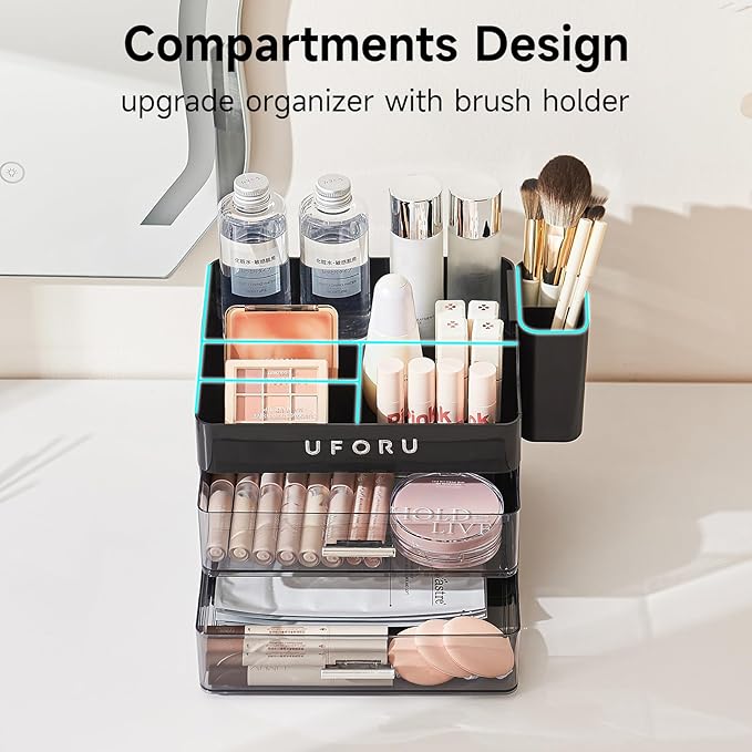 Makeup Organizer for Vanity with Brush Holder, Countertop Organizer with 2 Drawers, Spacious Cosmetic Display Case for Beauty Essential, Skincare, Lipstick