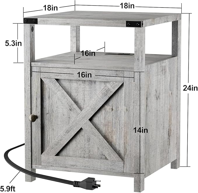 HOSEOKA Farmhouse Nightstand with Charging Station, Grayish White End Table Bedroom with Storage Living Room Side Table Beige Night Stand Industrial Bedside Bed Table with USB Ports and Outlets