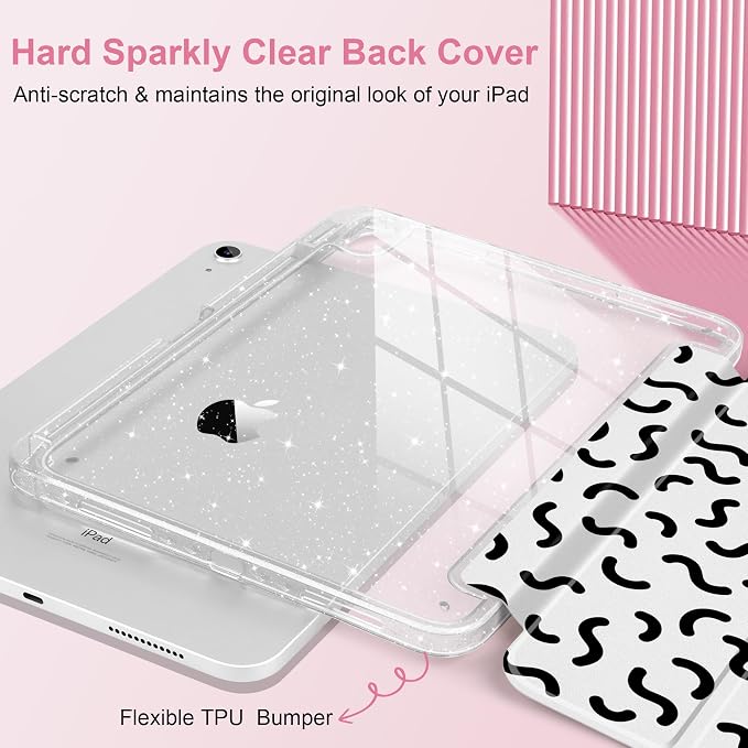 MEEgoodo Case for iPad A16 11th Generation 2025/10th Generation 2022 Glitter Tablet Cases with Transparent Acrylic Back+Trifold Stand +Pencil Holder+Auto Wake/SleepAbstract Sun &amp Palm Tree