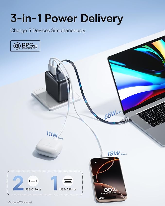 Baseus Enercore 100W USB C Charger with Retractable Built-in Cable, 3-Port Foldable Plug PD Fast Charging Wall Adapter for MacBook Pro/Air, iPad, iPhone 17, Galaxy S25, Pixel, Steam Deck, ROG Ally