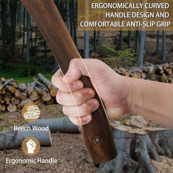 14.6" Hatchet, Camping Hatchet with Leather Sheath, Bushcraft Axe with 1065 Carbon Steel & Beech Handle, Survival Axe for Wood Splitting and Chopping - Perfect for Gardening and Outdoor