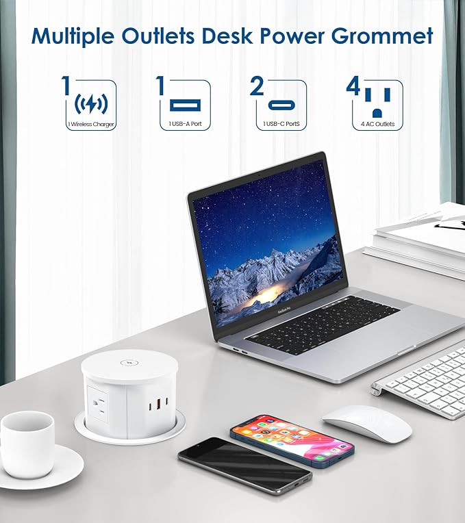 Pop up Outlet for Countertop with Wireless Charger,45W USB C Port, 4.7'' Diameter Round Pop Up Counter Outlet with AC Outlets,USB Ports,Hidden Outlet,Pop Out Outlet