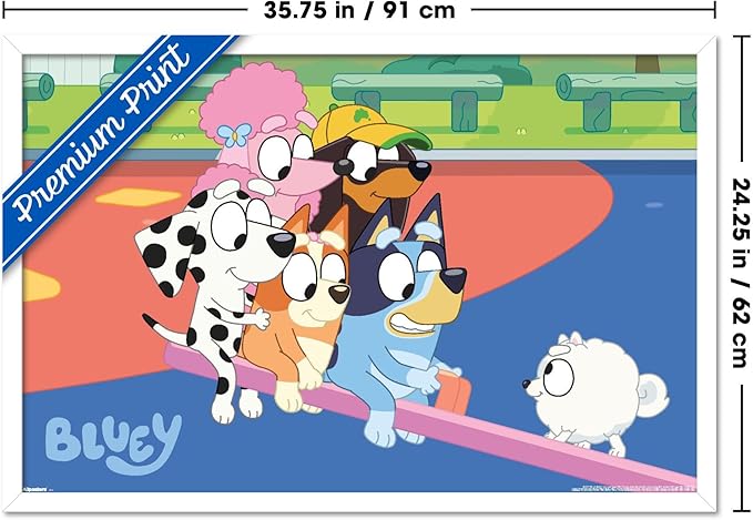 Bluey (2018) - Bluey and Friends See Saw Fun Wall Poster, 34L" x 22.4W", White Framed Version