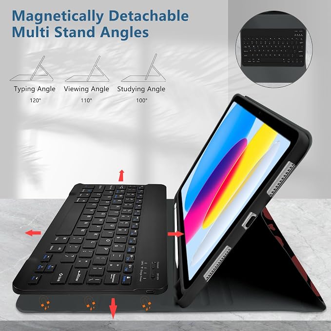 for Bluetooth Keyboard for iPad 10th Gen 10.9 inch (2022) case (A16) 11th / 10th Gen Case 11'' (2025) with 7-Color Backlights Pencil Holder Detachable Rechargeable - Black Cow
