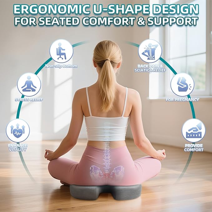 Seat Cushion for Office Chair Memory Foam Coccyx Pain Relief Cushion Pillow for Back Support Non-Slip Seat Pad for Office Desk (Grey)