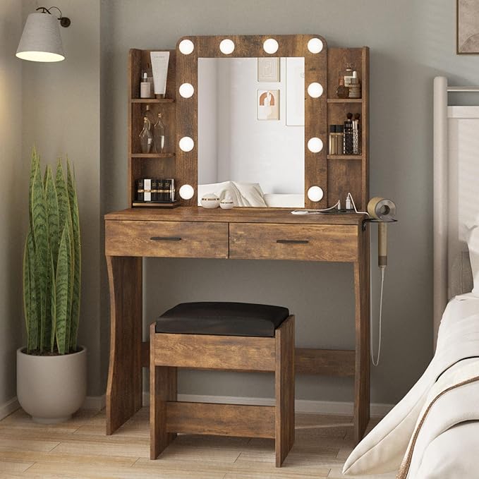 Vabches Vanity Desk with Lights,Makeup Vanity with Power Strip,Dressing Table Set with 2 Large Drawers,Vanity Mirror 3 Lighting Color Adjustable,Rustic Brown