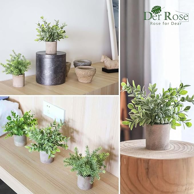 Der Rose 3 Pack Mini Potted Fake Plants Artificial Plastic Eucalyptus Plants Topiaries for Home Office Desk Farmhouse Shelf Room Bathroom Decor(Sage Green)