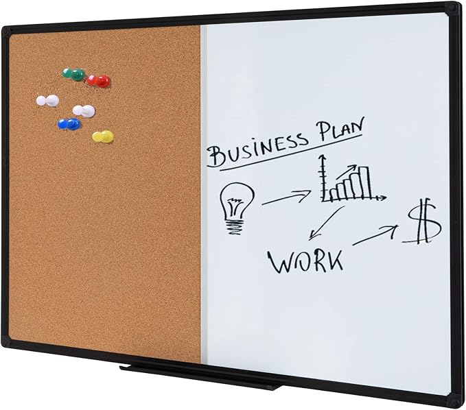 Magnetic Combination Whiteboard Cork Board 48 x 36 Inch, Black Aluminum Frame - Large Wall Mounted Vision Board & Planner for Home Office, Kitchen Command Center & Classroom Organization