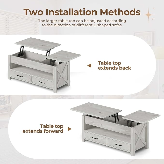 Seventable Coffee Table, 47.2" Lift Top Coffee Table with 2 Storage Drawers and Hidden Compartment, Retro Center Table with Wooden Lift Tabletop for Living Room, Gray
