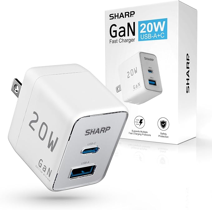 Sharp USB C Charger - 20W Dual Port (USB A+C) Compact Foldable GaN Fast Charge for iPhone 15/15 Pro/15 Pro Max/14/13/12 Pad Pro/AirPods and More Black GW-20PDA201U-BLK
