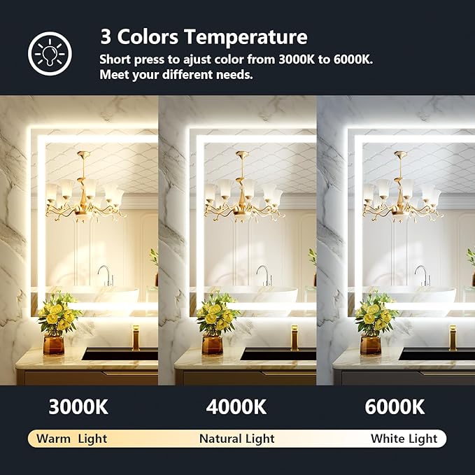 YEELAIT 40x36 Inch LED Bathroom Mirror with Lights Front and Backlit Lighted Vanity Mirror for Bathroom Wall with 3 Colors Dimmable Anti-Fog Memory Shatter-Proof IP54 Waterproof Horizontal/Vertical