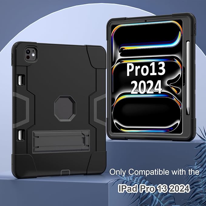 for iPad Pro 13 Inch Case M4 (2024 Model 7th Generation) A2925 A2926 A3007 with Kickstand Silicone Cover Protective Case for iPad Pro 13” Black
