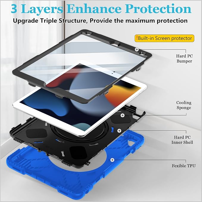 Case for iPad 9th/8th/7th Generation 10.2 Inch Black | Shockproof Protective Silicone Cover with Rotatable Stand-Screen Protector-Handle- Shoulder strap- Pencil holder
