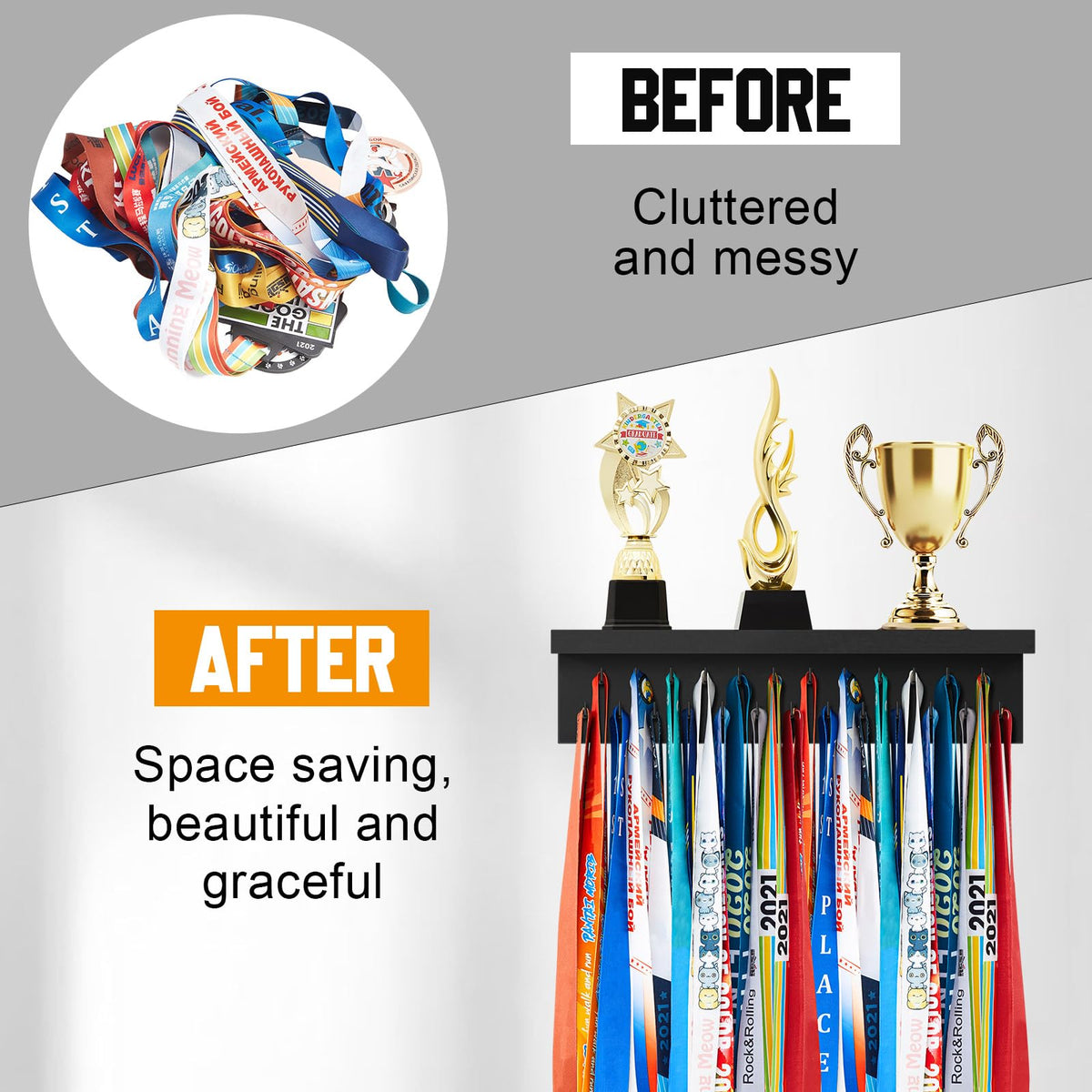 Threehoney Wooden Medal Hanger Display Trophy Holder Shelf with 25/37/49/65/83 Hooks Wall Mount Ribbon Holder Gift for Gymnastics Running Soccer Awards