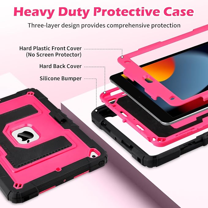 VOFUOE for iPad 9th/ 8th/ 7th Generation Case with Foldable Stand Shoulder Strap Pencil Holder 3 in 1 Heavy Duty Hard Protective Cover for iPad 10.2 Inch 2021/2020/2019 -Black&ampHot Pink