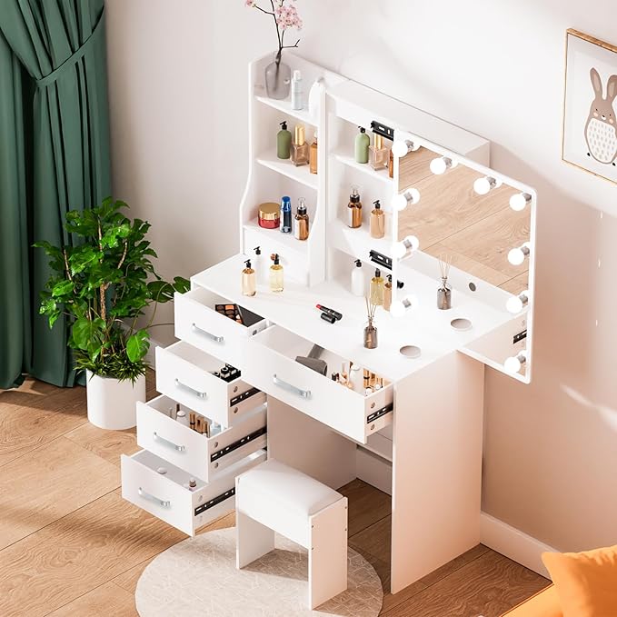 Makeup Vanity Desk with Mirror Lights, Vanity Table with 6 Drawers and Cabinet, Small Vanity Set with Chair Stool, 3 Modes Adjustable Sliding Mirror, White Vanity for Bedroom