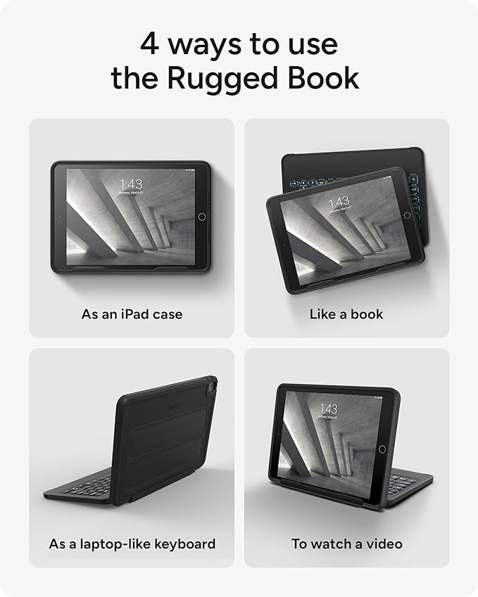 ZAGG Rugged Book iPad Case with Detachable Magnetic-Hinged Keyboard for iPad Air 3, iPad Pro 10.5" & 10.2" (9th Gen), Multi-Device Bluetooth, Apple Pencil Holder, Long-Lasting Battery, Wireless, Black