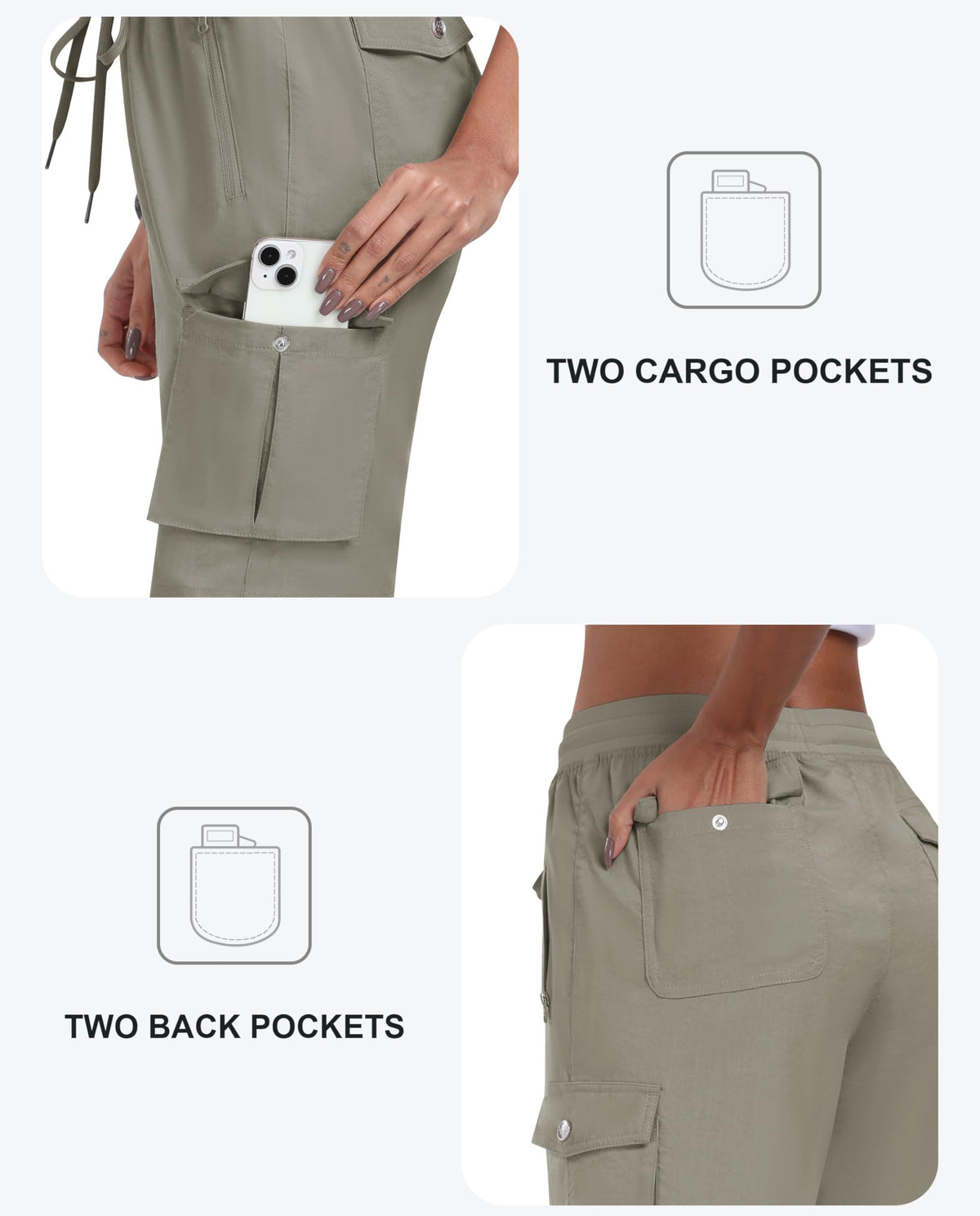 MoFiz Womens Shorts with Pockets Loose Fit Casual Cargo Shorts Lightweight Ladies Hiking Shorts Grey Khaki M
