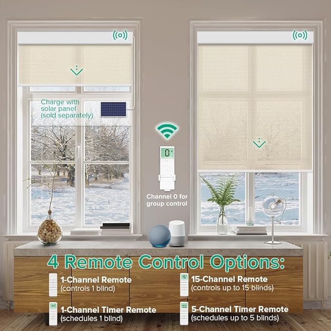 Kilonity Motorized Roller Shades, Light Filtering Remote Control Custom Window Shades Compatible with Alexa Google Assistant via RF Hub, Rechargeable Electric Blinds for Windows (Fireproof Beige)