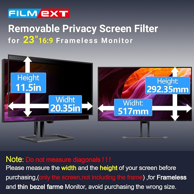 FILMEXT [2023 Upgrade Computer Privacy Screen Shield for 23 inch 16:9 Frameless Monitor, Anti Spy Blue Light Filter, Bubble Free, Easy On/Off Screen Protector for Computer Monitor