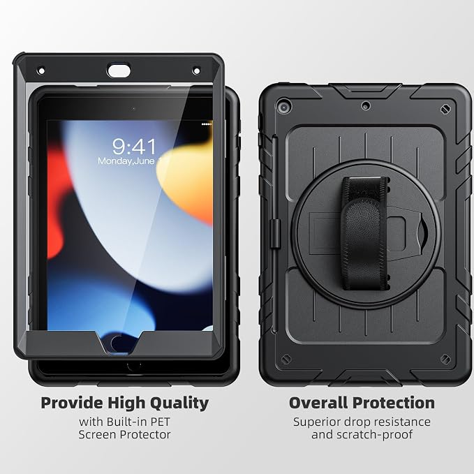 Case for iPad 9th/8th/7th Generation-Built-in Screen Protectorwith Pencil Holder&amp360°Rotating Hand StrapShoulder StrapCase for iPad 10.2 inch 2021-2019(Black)