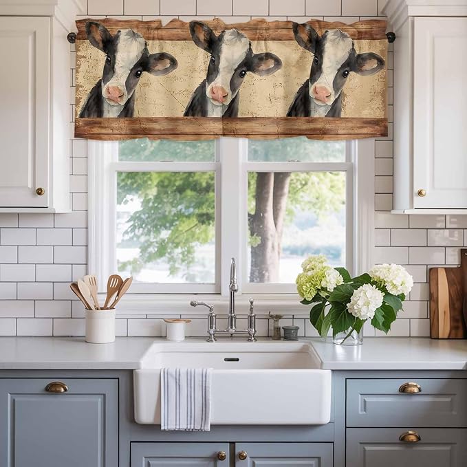 Farmhouse Cow Curtain Valances for Windows, Kitchen Valance Window Treatment