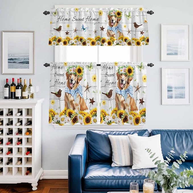 Kitchen Curtains Tiers and Valance Set of 3, Sunflowers Dog Light Filtering