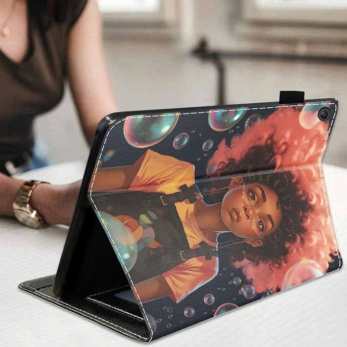 Case for Amazon Kindle Fire HD 10 Tablet 10.1 (9th/7th Generation 2019/2017 Release) Slim Folding Stand Folio Cover with Card Slot &amp Auto Wake/Sleep - African American Girl