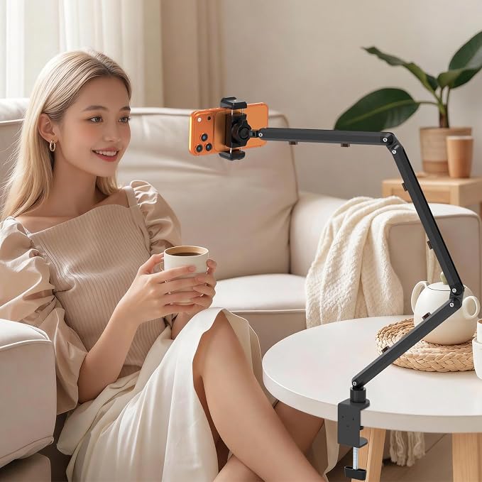 Wall Mount Phone HolderPhone Holder for Desk Bed3-Stage Aluminium iPhone StandFoldable Extendable Arms Heavy Duty Drilling BaseCompatible with 3.5~7.5 iPhone/HTC/LG/Huawei/Galaxy/Smartphones