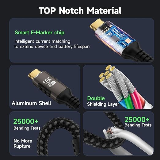 right angle USB C long Cable 10FT Compatible With Thunderbolt 5/4Type C 240W Fast ChargingUSBC 16K@60Hz/8K@120Hz HD Video Output for Display90 degree USB 5/4 Cable 80Gbps Data Transfer for SSD/Dock