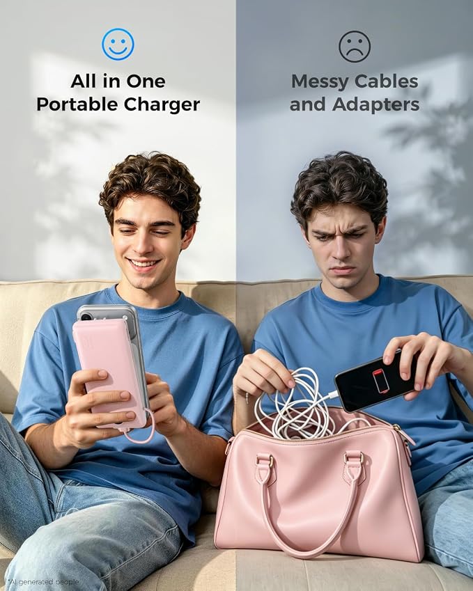 VEGER Portable Charger for iPhone Power Bank Built in Cable and Wall Plug | 10000mAhUltra Slim&ampCompact5 OutputsLED DisplayFlight-SafeTravel Essentials Battery Pack for iPhone 17iPad Samsun
